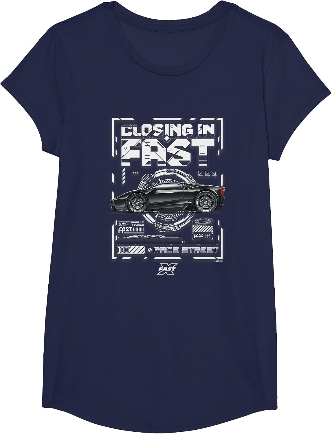 Fast X Lean Mean Lights All Green Lamborghini Schematic T-Shirt - Girls Navy Blue