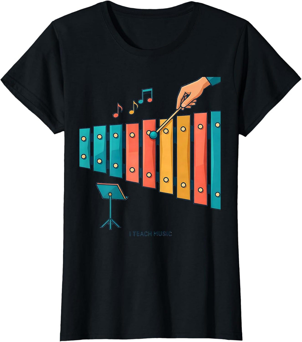 I Teach Music Flat Vector Teacher Appreciation Back T-Shirt - Black