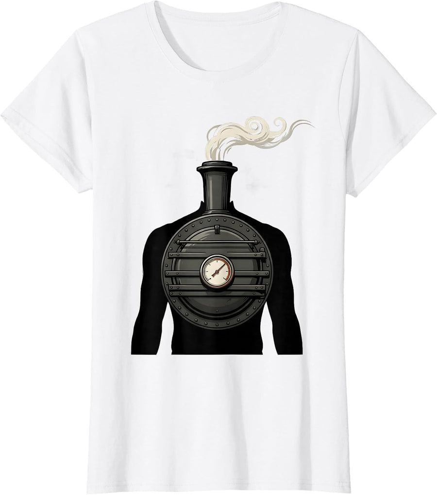 Women's Steam Locomotive Silhouette Vintage Train Enthusiast Humor T-Shirt - White