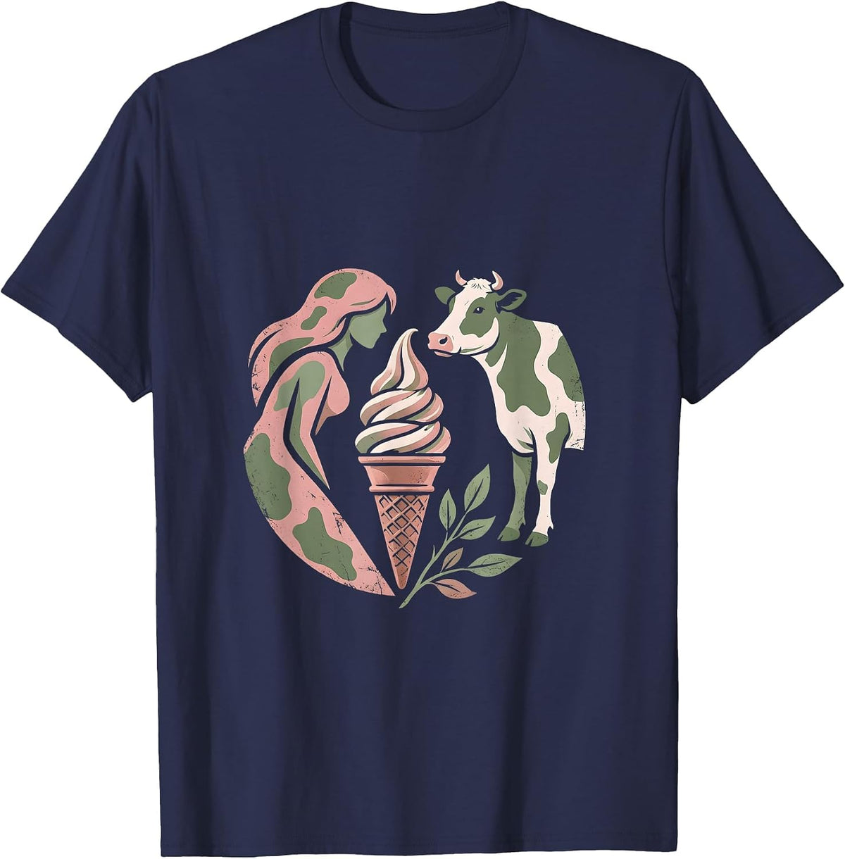 Cow Print Woman and Cow Sharing Ice Cream T-Shirt - Navy Blue