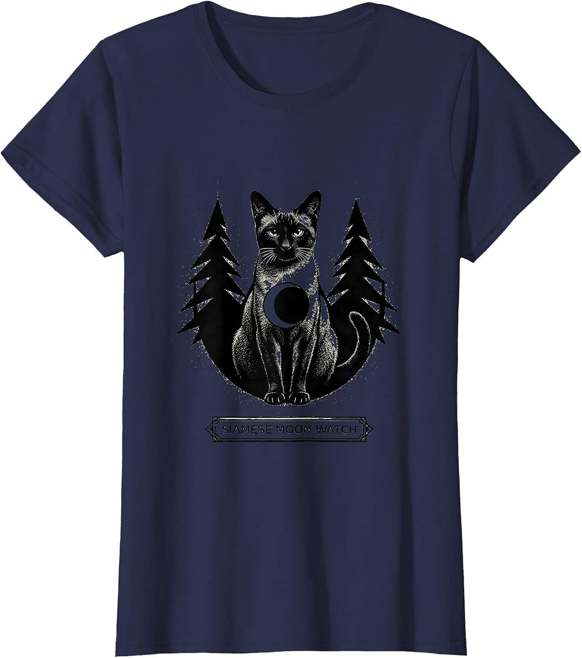 Women's Siamese Moon Watch Blackwork Dotwork 90s Retro Cat Lover T-Shirt - Navy Blue