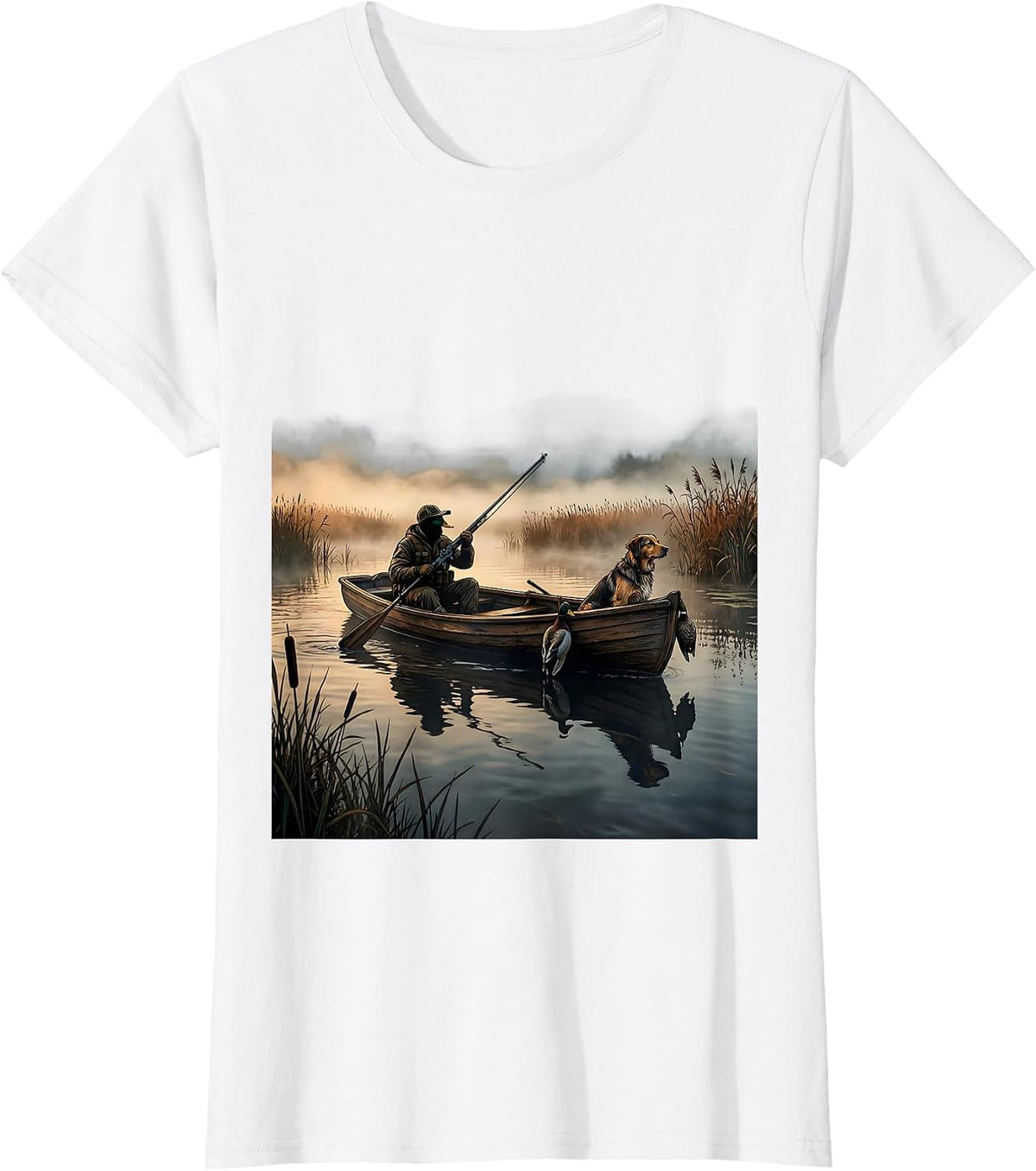 Duck Hunter Rowing Through Morning Fog Illustration T-Shirt - White