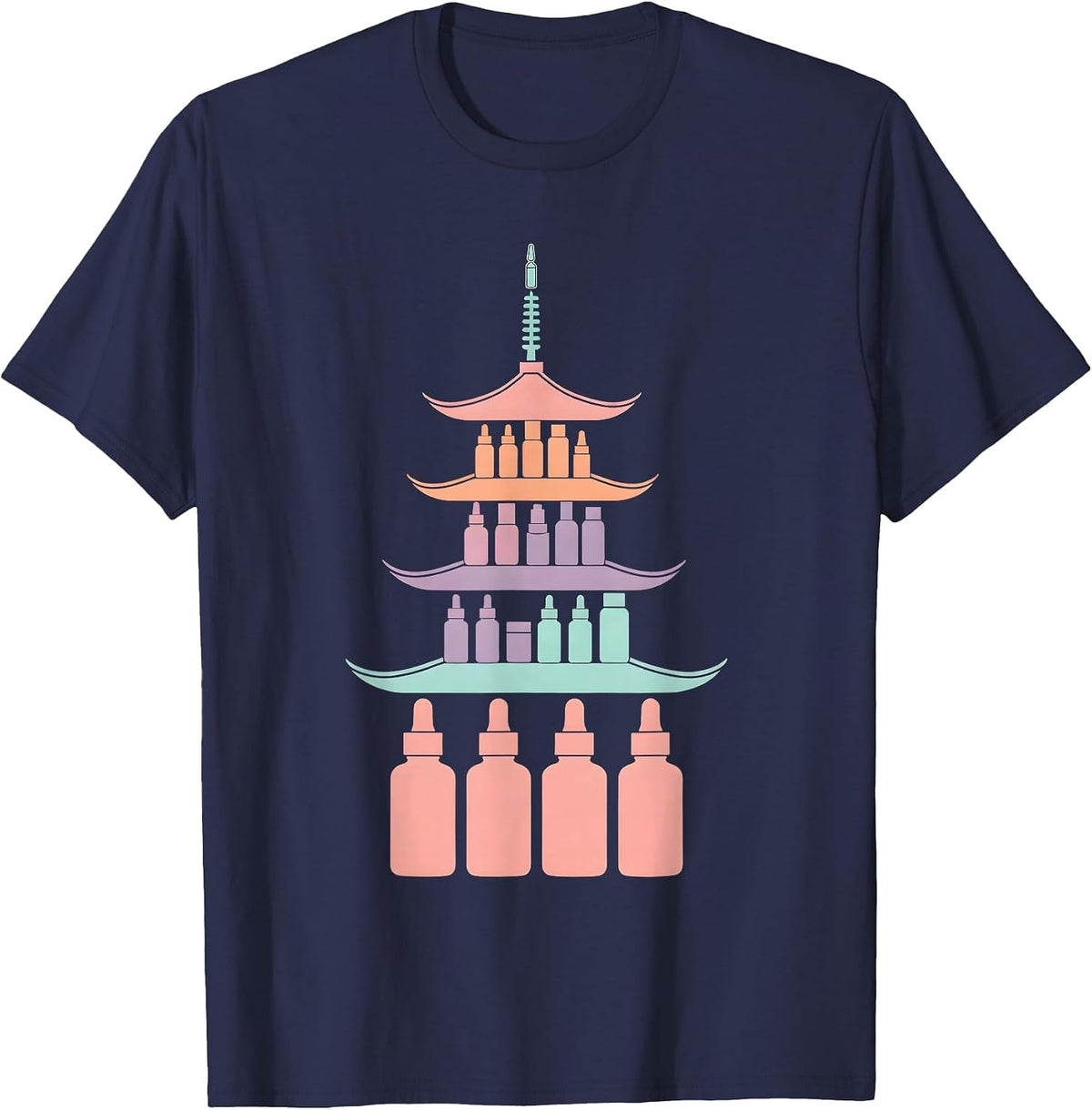 Men's K-Beauty Glass Skin Pagoda Skincare Illustration T-Shirt - Navy Blue
