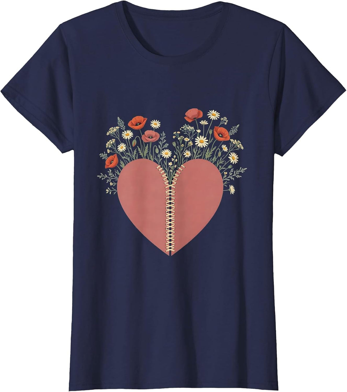Women's Mental Health Matters Heart Wildflower Illustration T-Shirt - Navy Blue