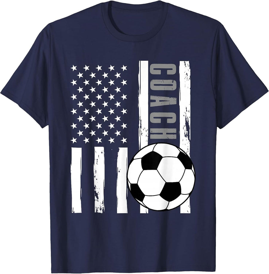 USA Flag Soccer Coach Funny Soccer Trainer American Outfit T-Shirt - Navy Blue