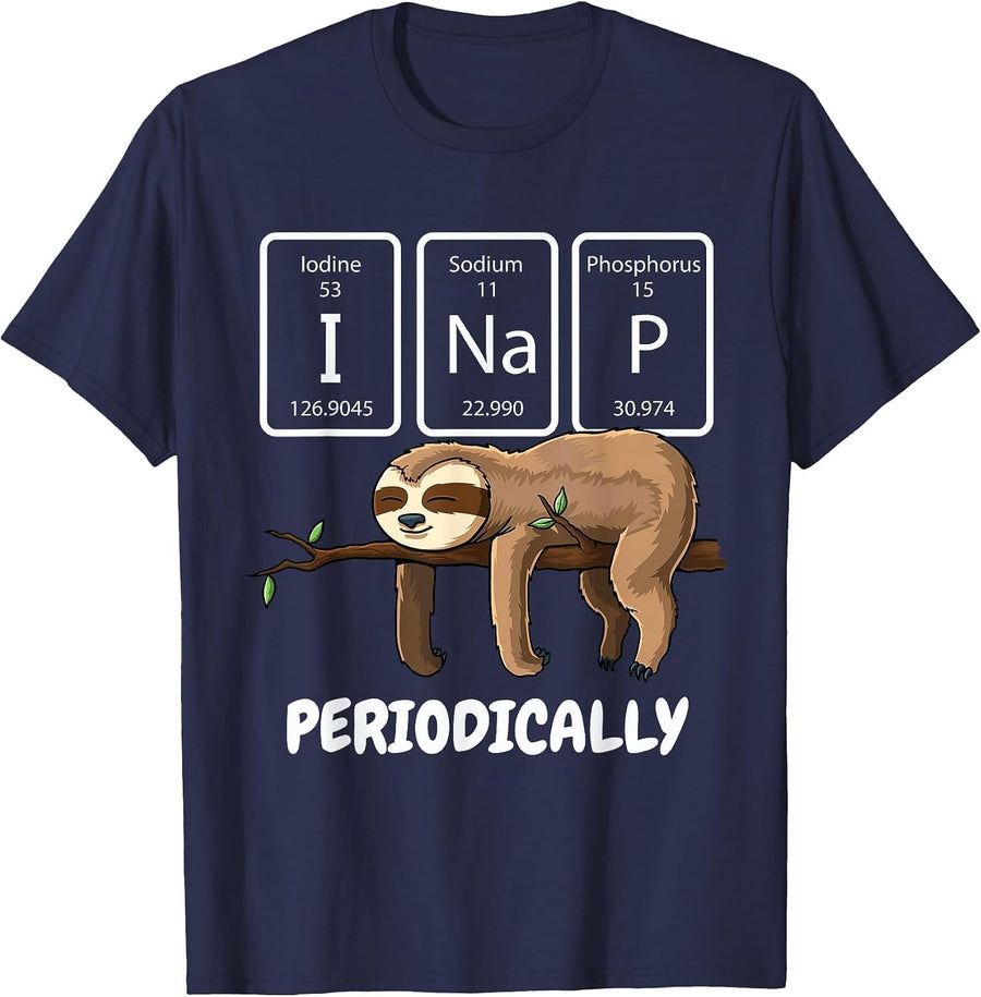 I Nap Periodically Science Sloth Periodic Table Elements T-Shirt - Navy Blue