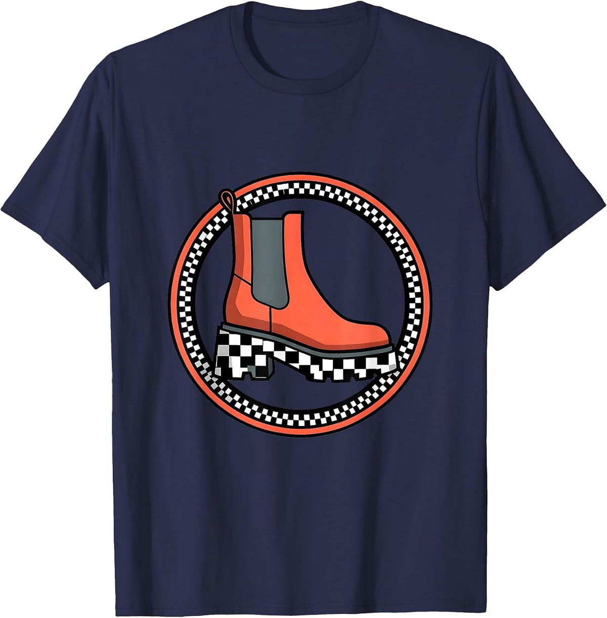 Checkered Platform Boot Graphic Tee T-Shirt - Navy Blue