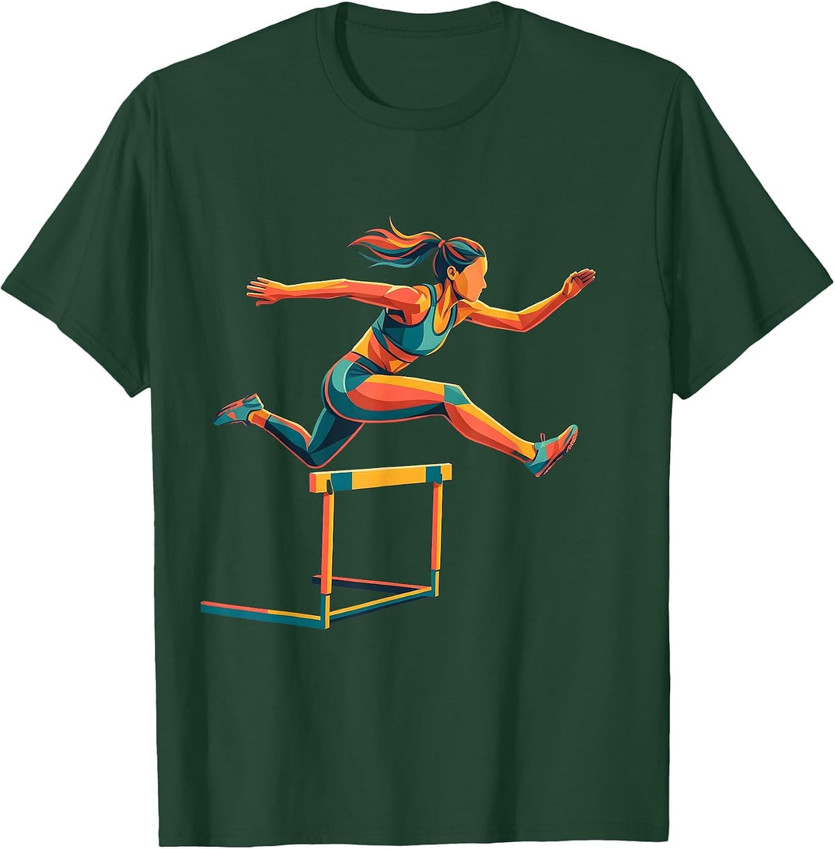 Men's Graceful Hurdler Athletic Track Illustration T-Shirt - Dark Green