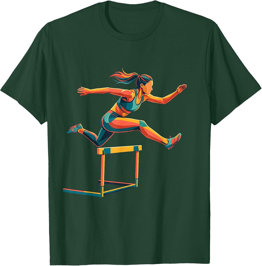 Men's Graceful Hurdler Athletic Track Illustration T-Shirt - Dark Green