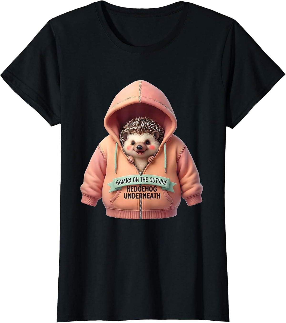 Women's Human On The Outside, Hedgehog Underneath Cute Kawaii T-Shirt - Black