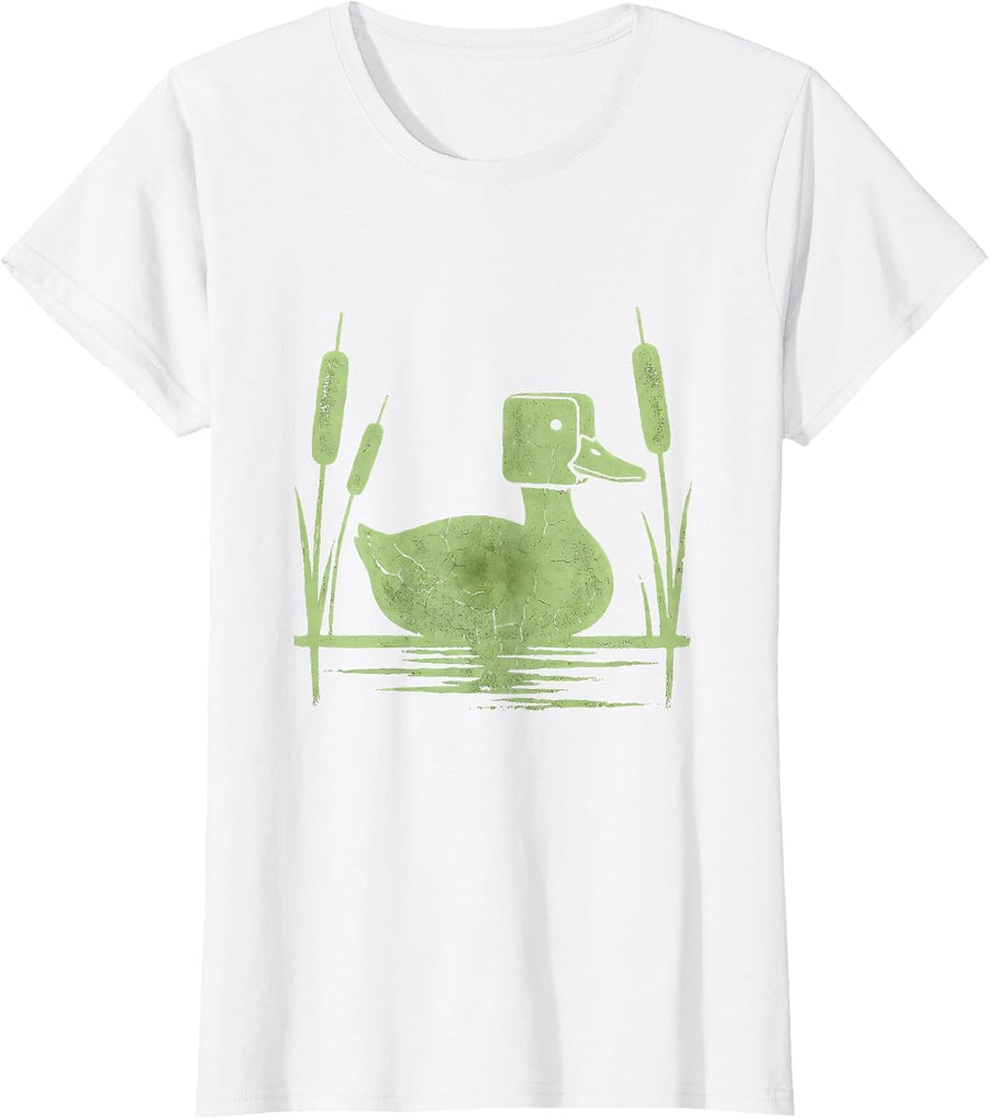 Women's Duck Decoy Camo Cattails Marsh Hunting Illustration T-Shirt - White