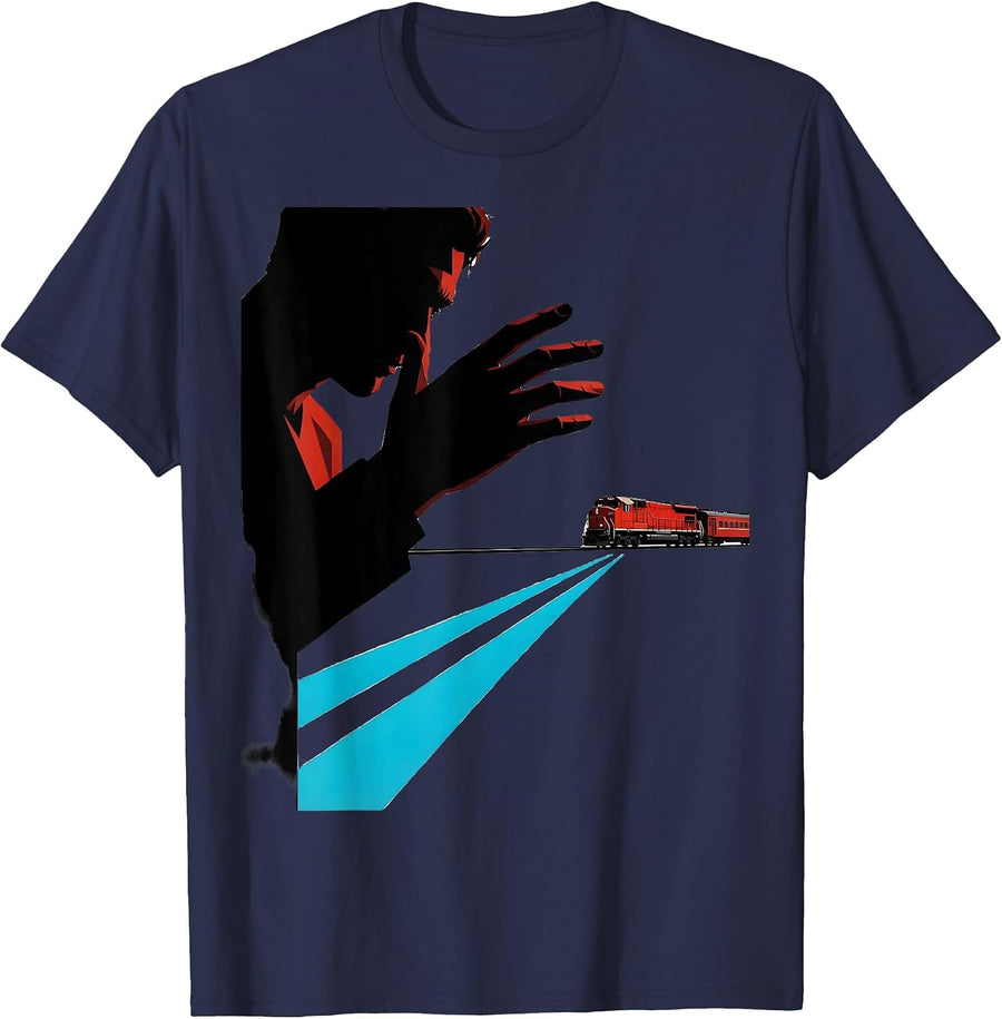 Cropped Train Shading Locomotive Deadpan Humor T-Shirt - Navy Blue