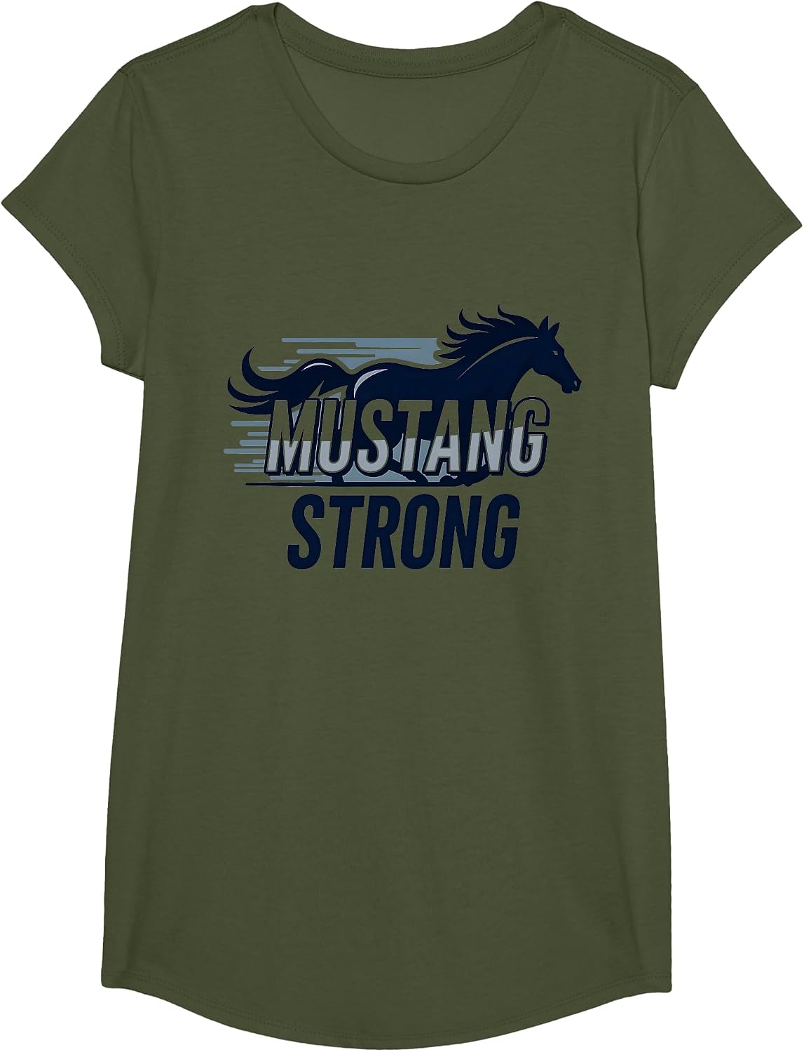Mustang Strong School Spirit Powerful Stallion Pride T-Shirt - Girls Olive Green