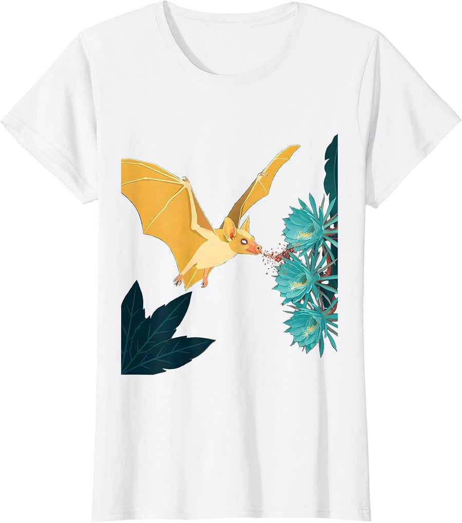 Women's Nectar Bat Flight Floral Gothic Halloween Nature Lover T-Shirt - White