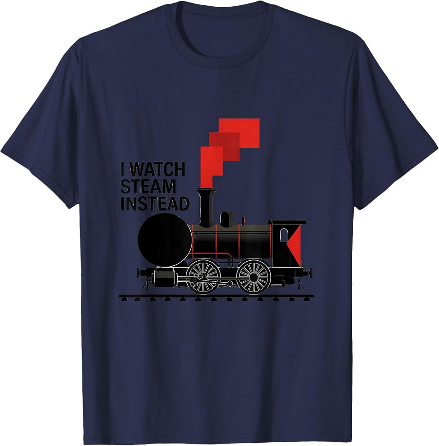 I Watch Steam Instead Vintage Steam Locomotive Train T-Shirt - Navy Blue