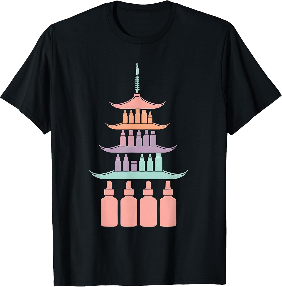 Men's K-Beauty Glass Skin Pagoda Skincare Illustration T-Shirt - Black
