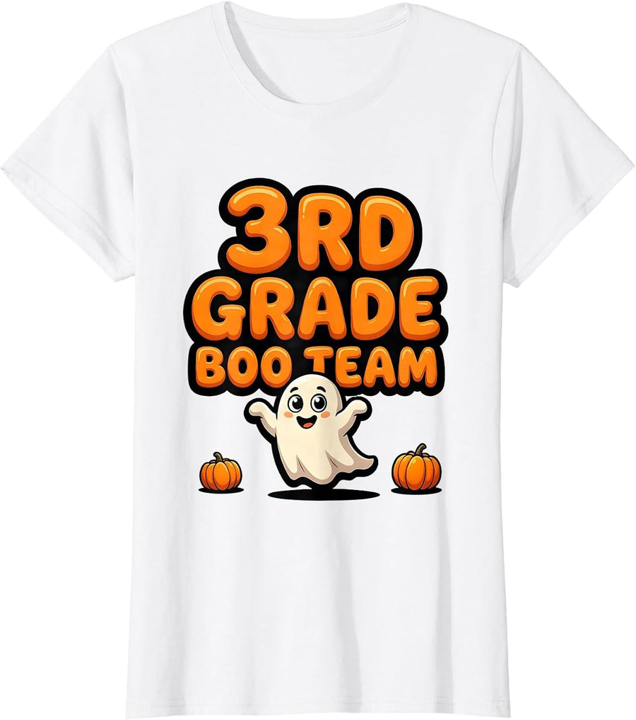 Women's 3rd Grade Boo Team Cartoon Halloween Teacher Kids T-Shirt - White