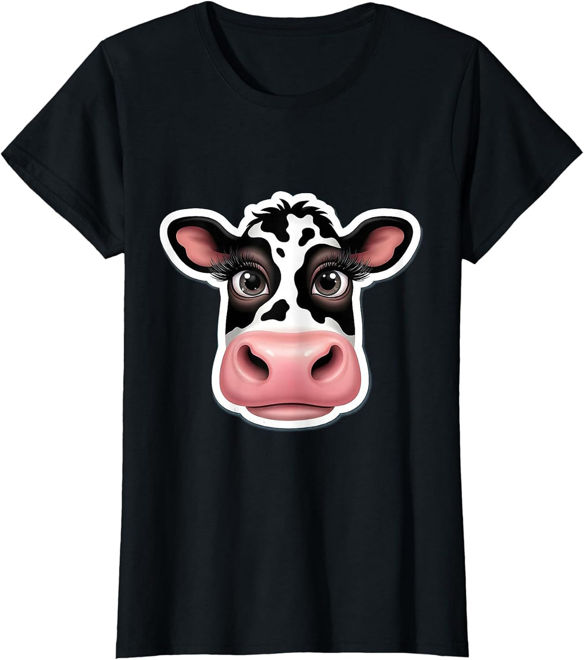 Cow Face Close-Up Long Lashes Cow Print Design T-Shirt - Black