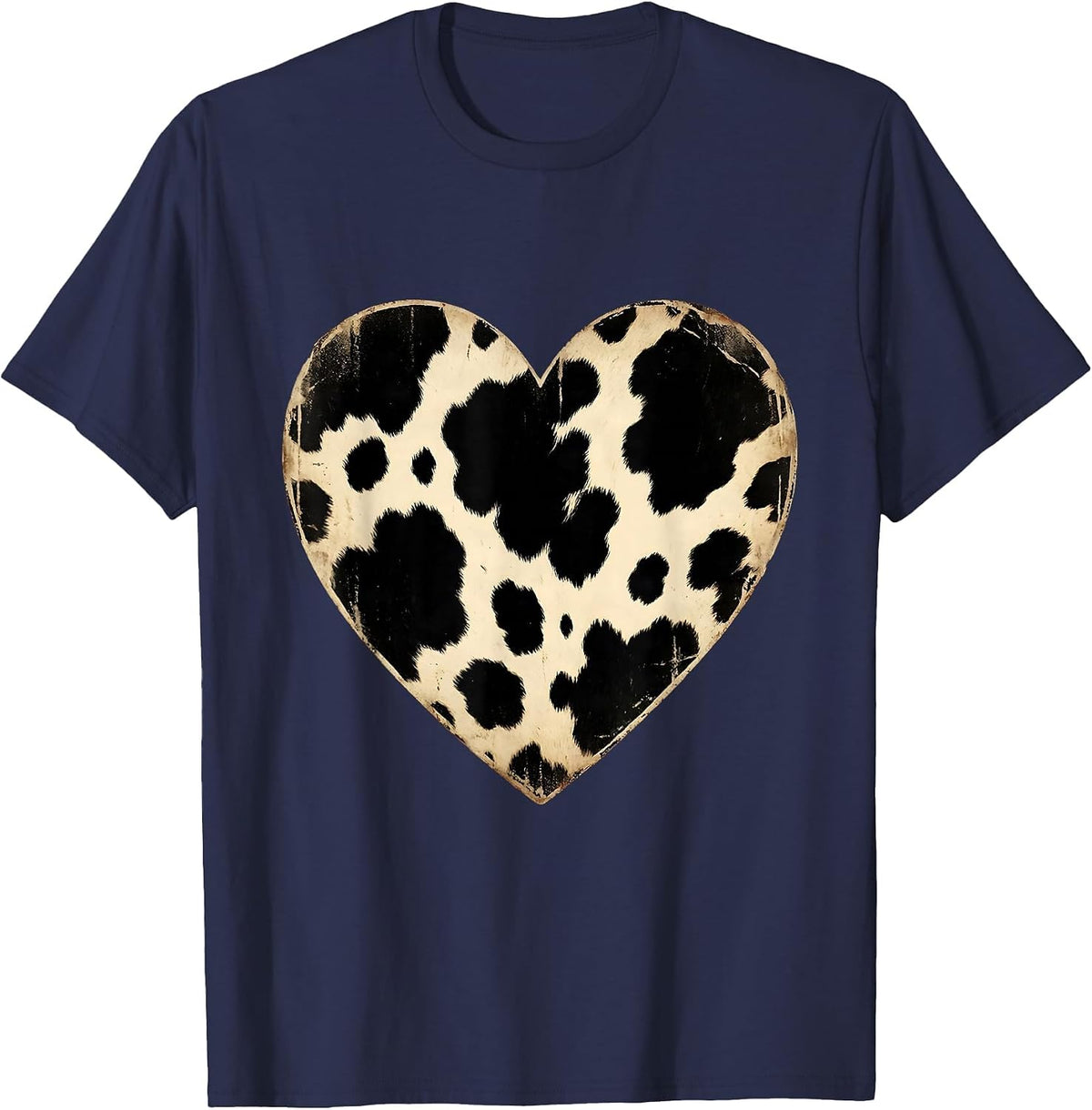 Cow Print Heart Bold Black Patches Graphic T-Shirt - Navy Blue