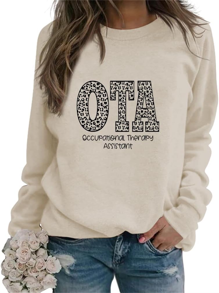 Women's Occupational Therapy Sweatshirts Plants Floral Graphic Long Sleeve Crew Neck Pullovers OT Assistant Gifts - 04 Beige