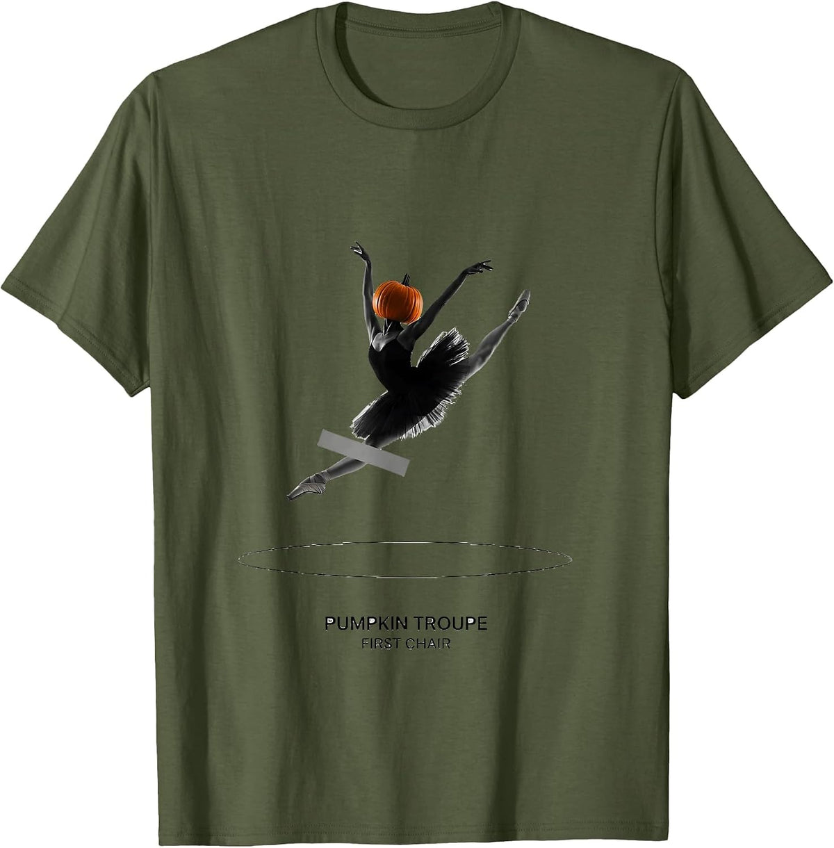 Pumpkin Troupe First Chair Minimalist Halloween Ballerina T-Shirt - Olive Green