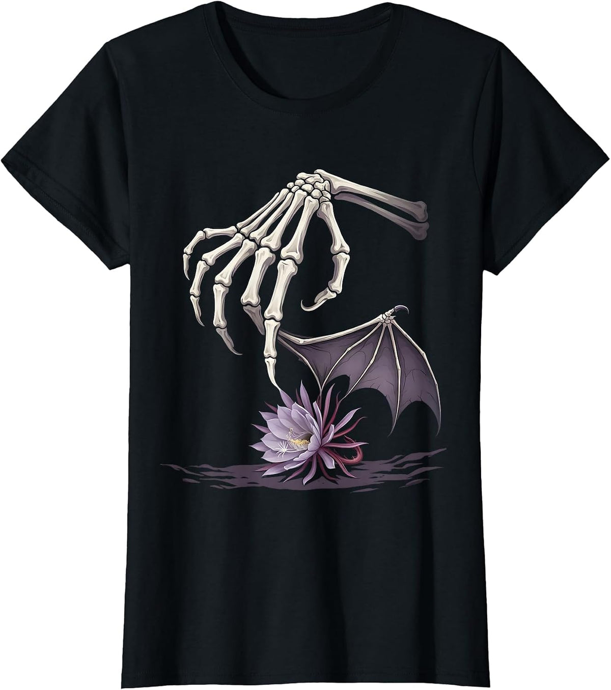 Women's Skeletal Bat Hand Gothic Nature Conservation Halloween T-Shirt - Black
