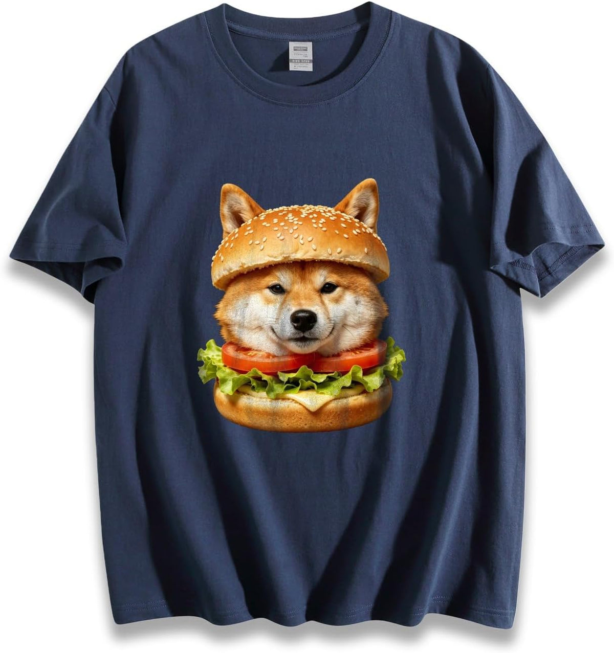Unisex Loose Funny Shiba Inu Burger Realistic Graphic T-Shirt, Humorous Food Pet Casual Cotton Tee - Navy Blue