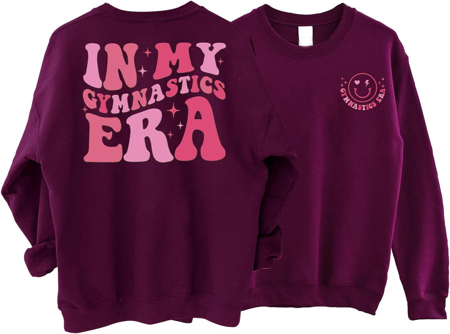 In My Gymnastics Era Sweatshirt 2 Sided, Gymnast Sweater, Tumbling Shirt for Girls Women - Maroon