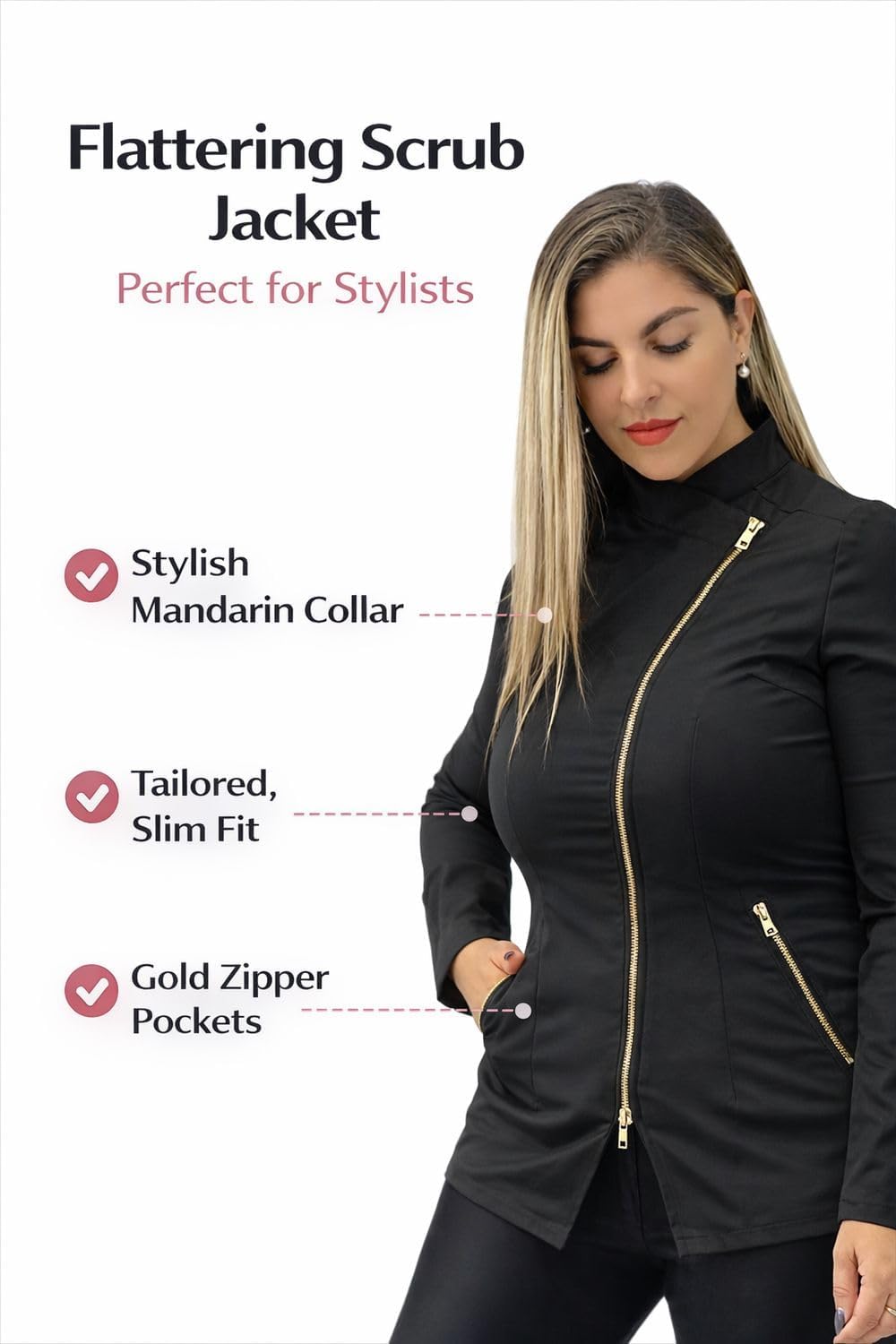 Women’s Black Top – Bleach-Resistant Fabric, Long Sleeve Tunic with Gold Zipper - As Pictured