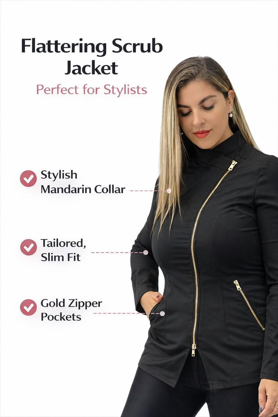 Women’s Black Top – Bleach-Resistant Fabric, Long Sleeve Tunic with Gold Zipper - As Pictured