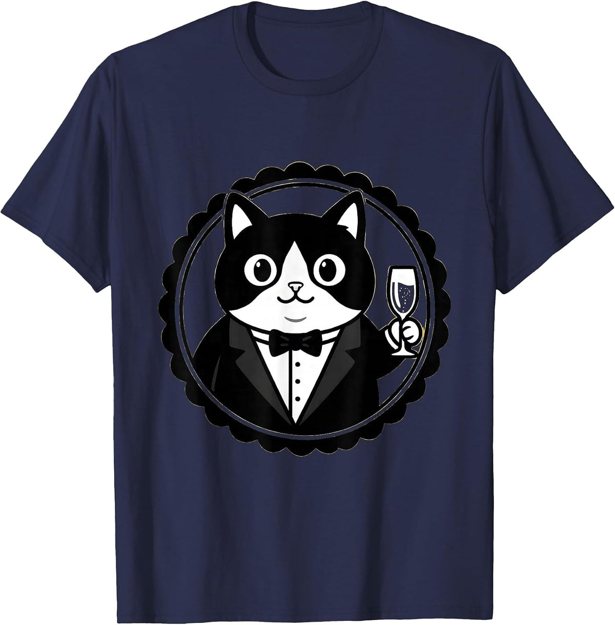 Men's Dapper Cat in Tuxedo Champagne Toast Design T-Shirt - Navy Blue