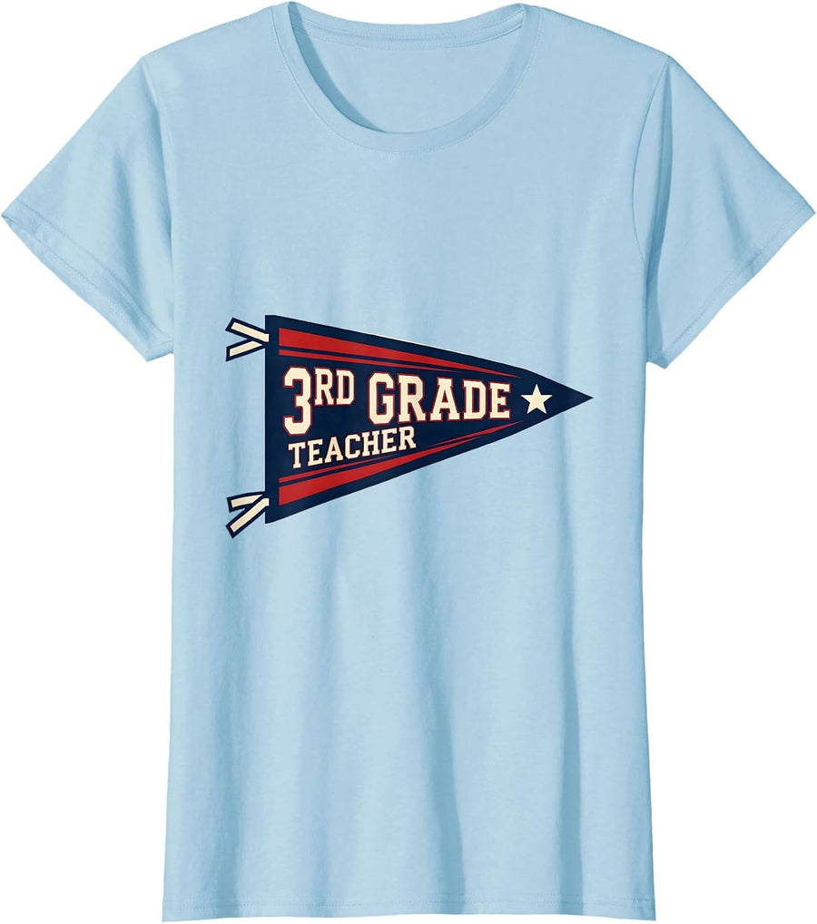 Women's 3rd Grade Teacher Sports Preppy Back to School Pennant Flag T-Shirt - Baby Blue