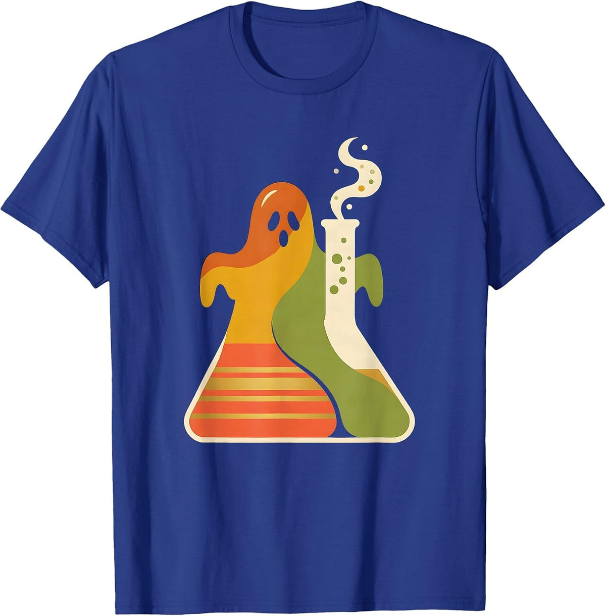 Friendly Ghost Lab Flask Retro 70s Teacher Halloween T-Shirt - Royal Blue