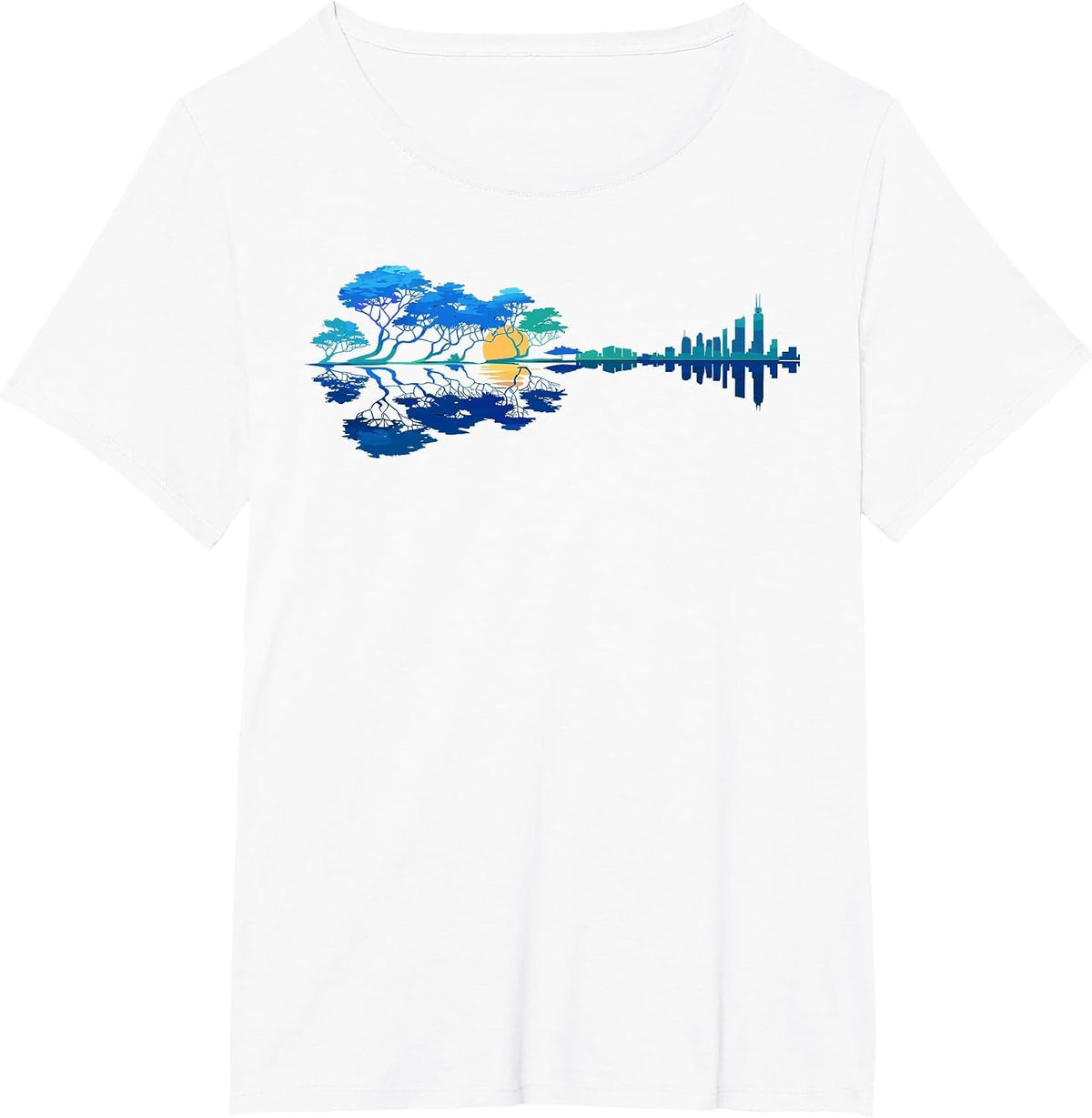Guitar Lake Reflections Night Sky and Moon T-Shirt - White