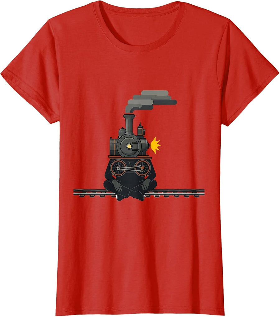Women's Steam Locomotive Head Editorial Conceptual Train Enthusiast T-Shirt - Red