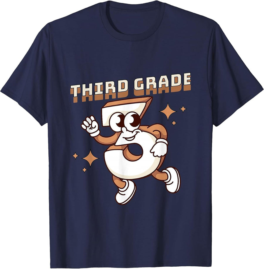 Third Grade Retro Funny 3 Back to School Girl Boy Teacher T-Shirt - Navy Blue