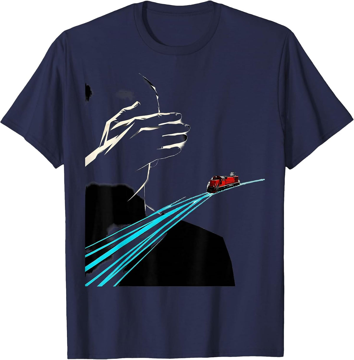 Men's Cropped Train Shading Locomotive Deadpan Humor T-Shirt - Navy Blue