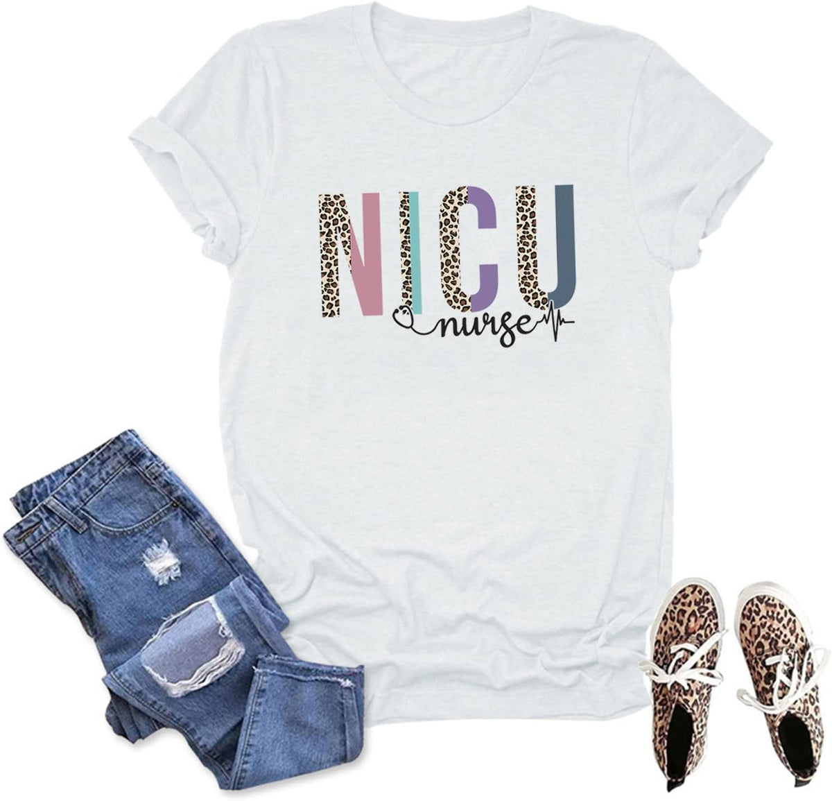 Nicu Nurse Shirt for Women Aesthetic Leopard Print Trendy Beach T-Shirt Casual Summer Short Sleeve Tee Tops Girl Gift - White