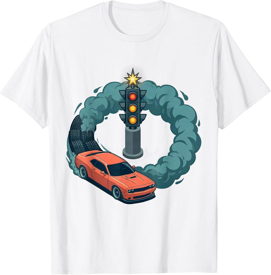 Muscle Car Smoke Ring Ugly Christmas Racing Fan Humor T-Shirt - White