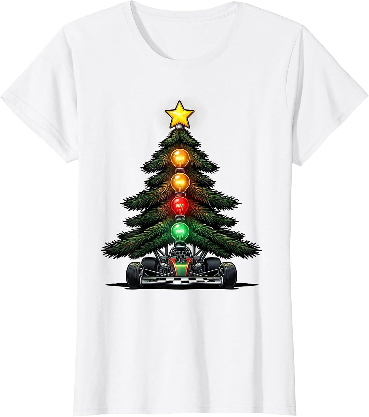 Evergreen Dragster Staging Light Cartoon Funny Racing Fan T-Shirt - White