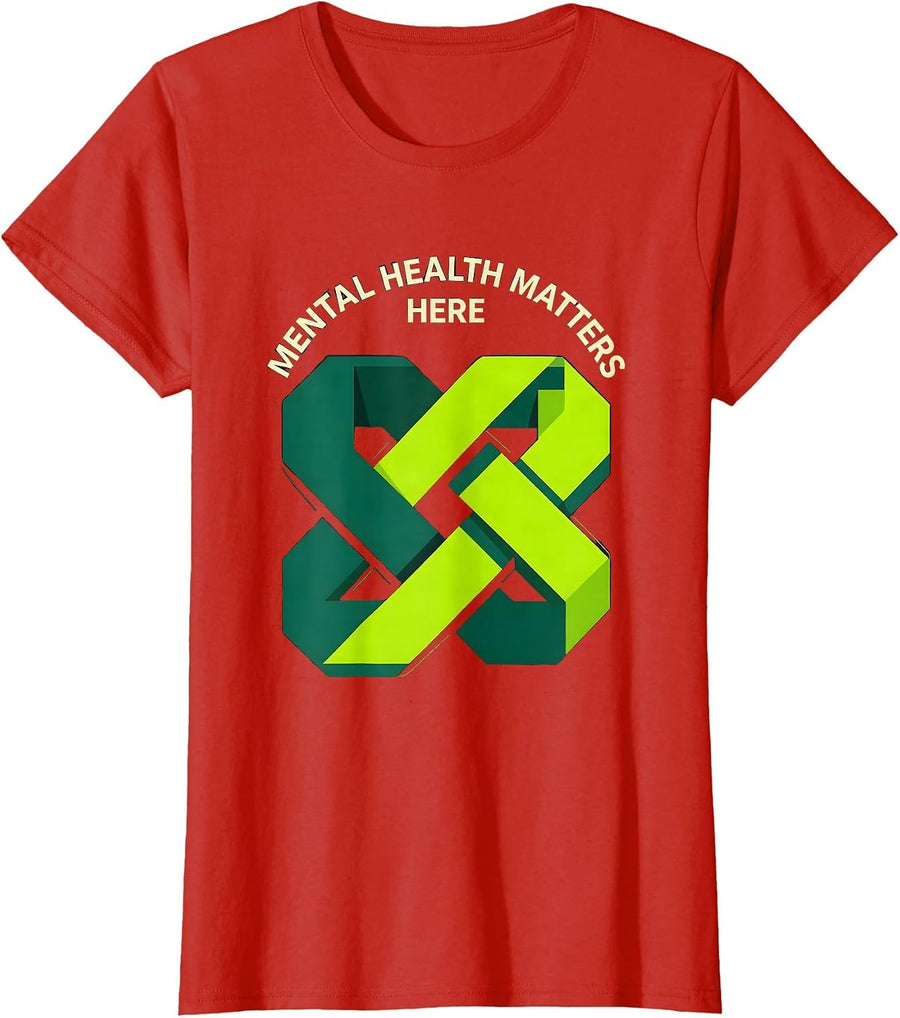 Women's Mental Health Matters Here Geometric Awareness Support T-Shirt - Red