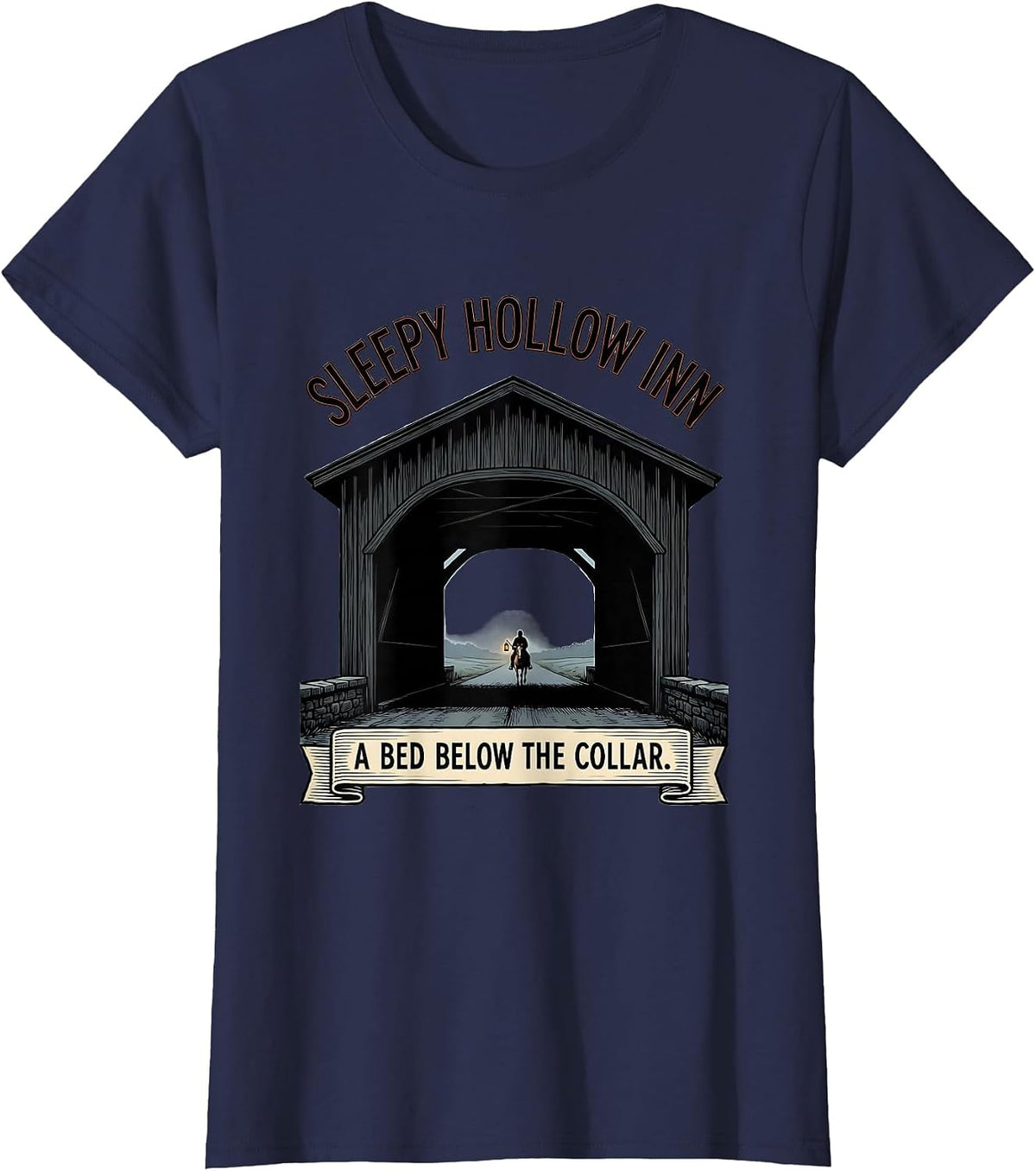 Women's Sleepy Hollow Inn A Bed Below The Collar Gothic T-Shirt - Navy Blue