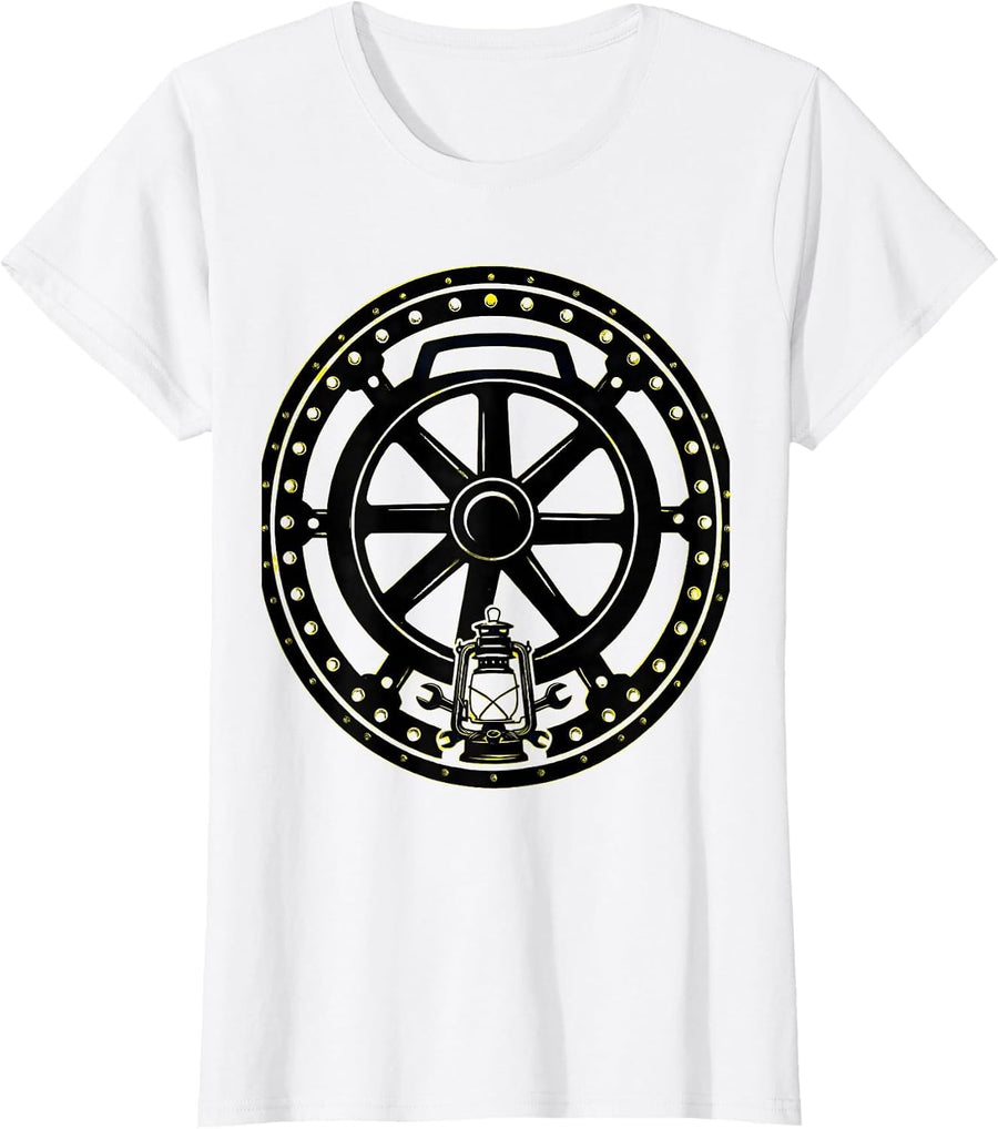 Women's Sealed Steam Locomotive Badge Train Enthusiast Vintage T-Shirt - White