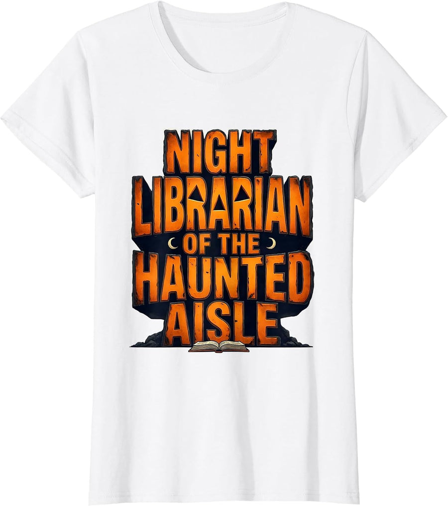 Women's Night Librarian of the Haunted Aisle Funny Halloween T-Shirt - White