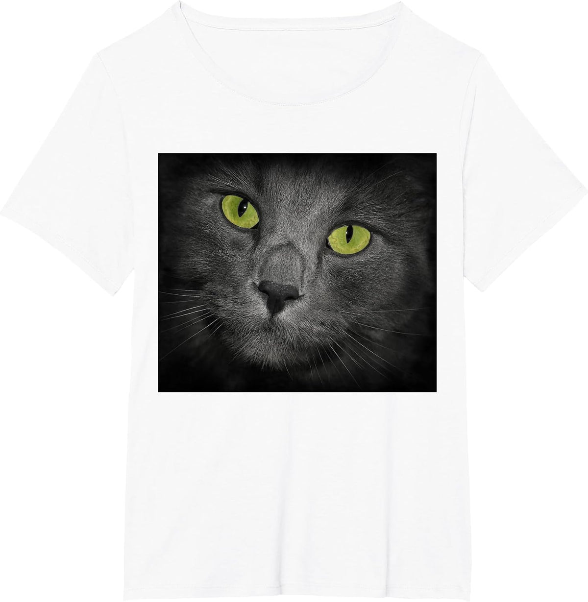 Cat with Green Eyes Gray Fur T-Shirt - White