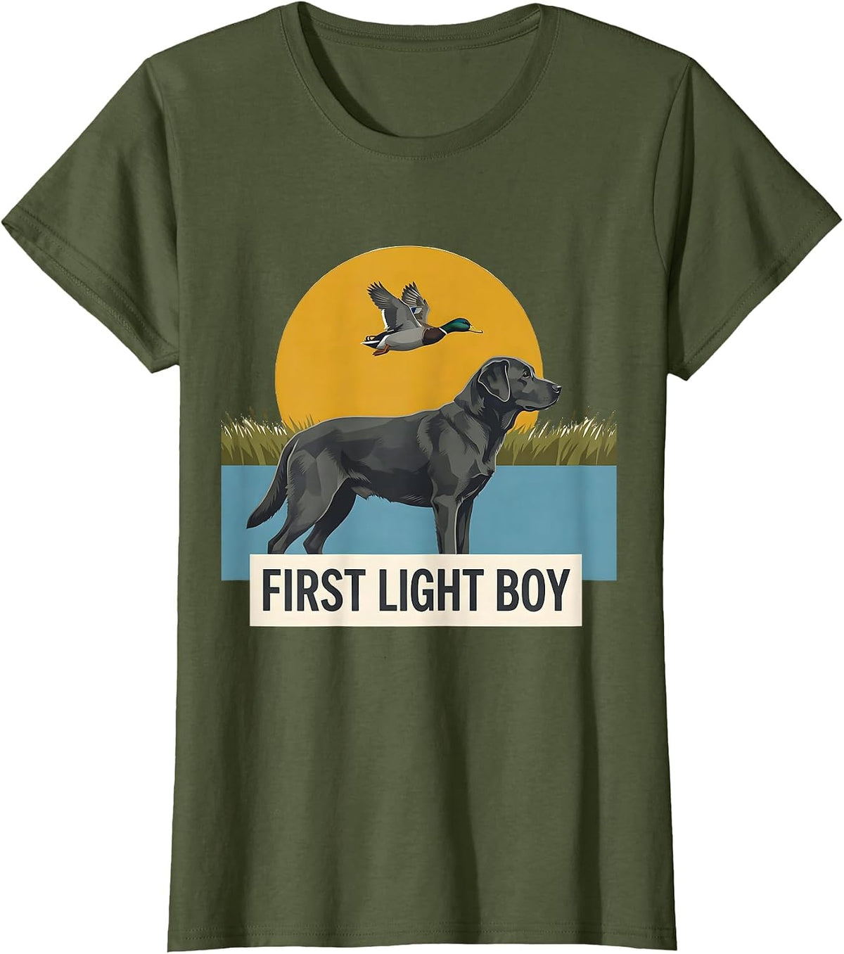 First Light Boy Midcentury Modern Labrador Duck Hunting T-Shirt - Olive Green