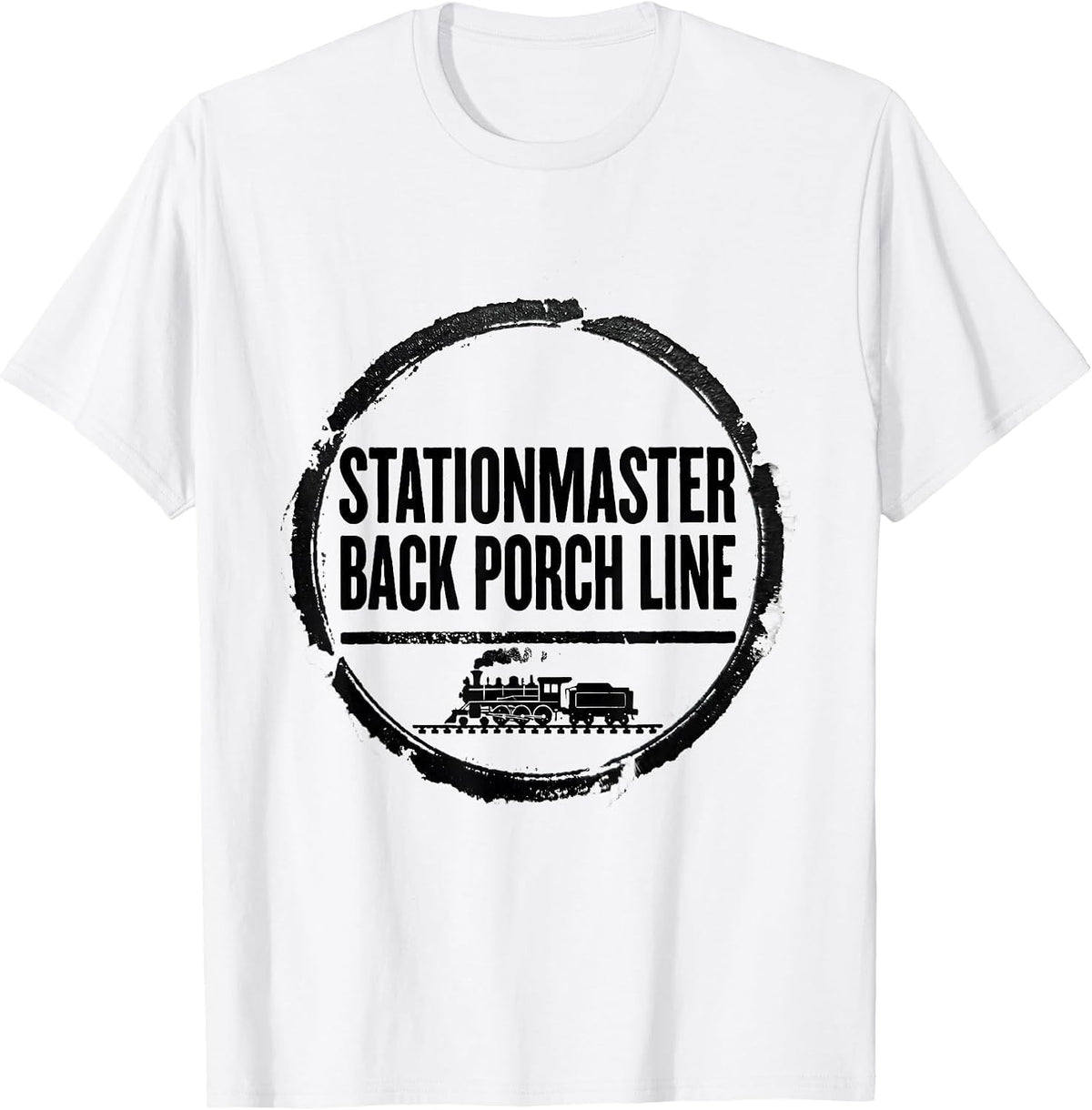 Men's Stationmaster Back Porch Line Vintage Steam Train Enthusiast T-Shirt - White