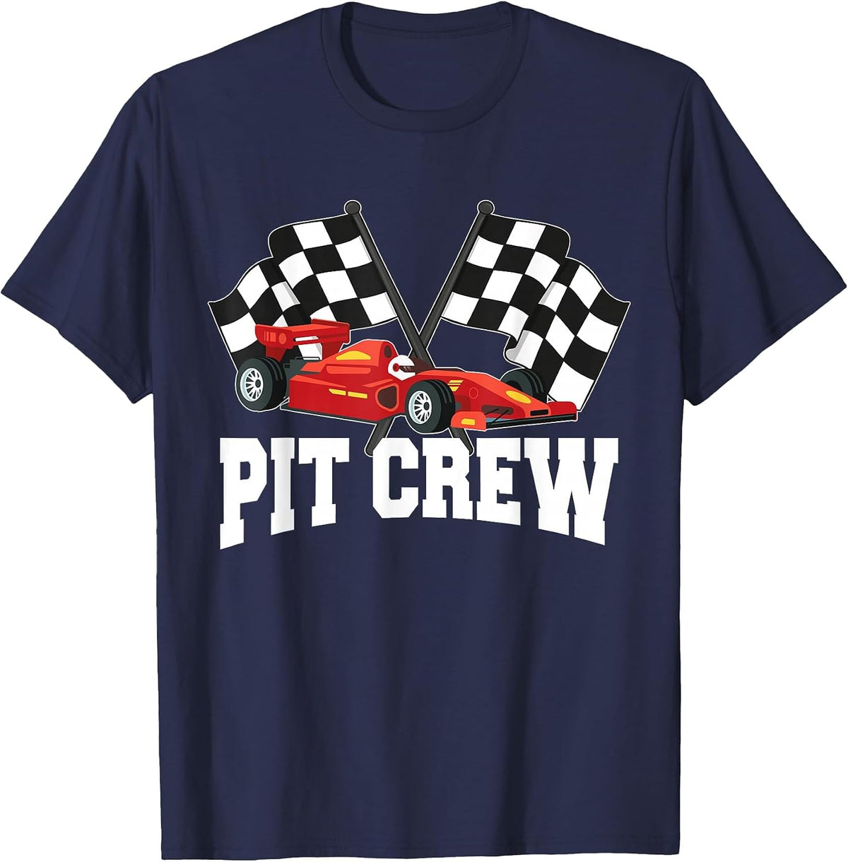 Pit Crew Car Racing Party and Checked Flag T-Shirt - Navy Blue