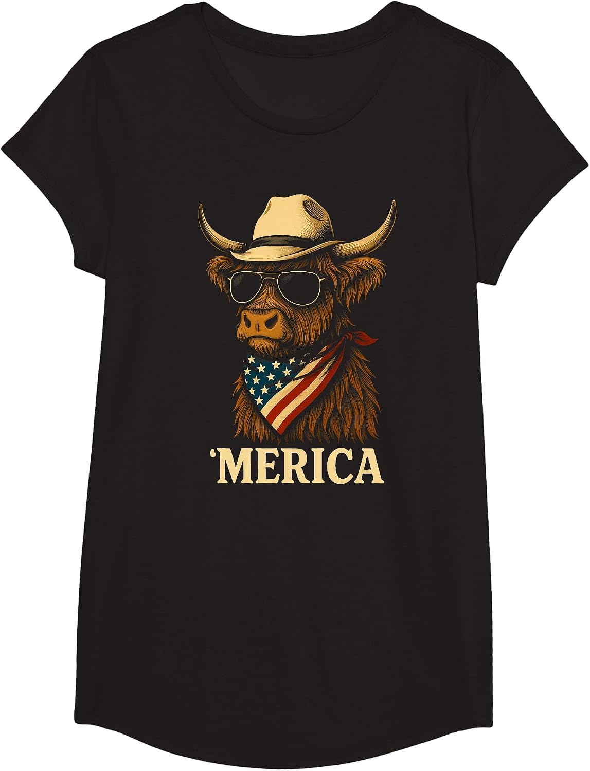 Highland Cow 4th July Merica America USA Cowboy Boys Girls T-Shirt - Girls Black