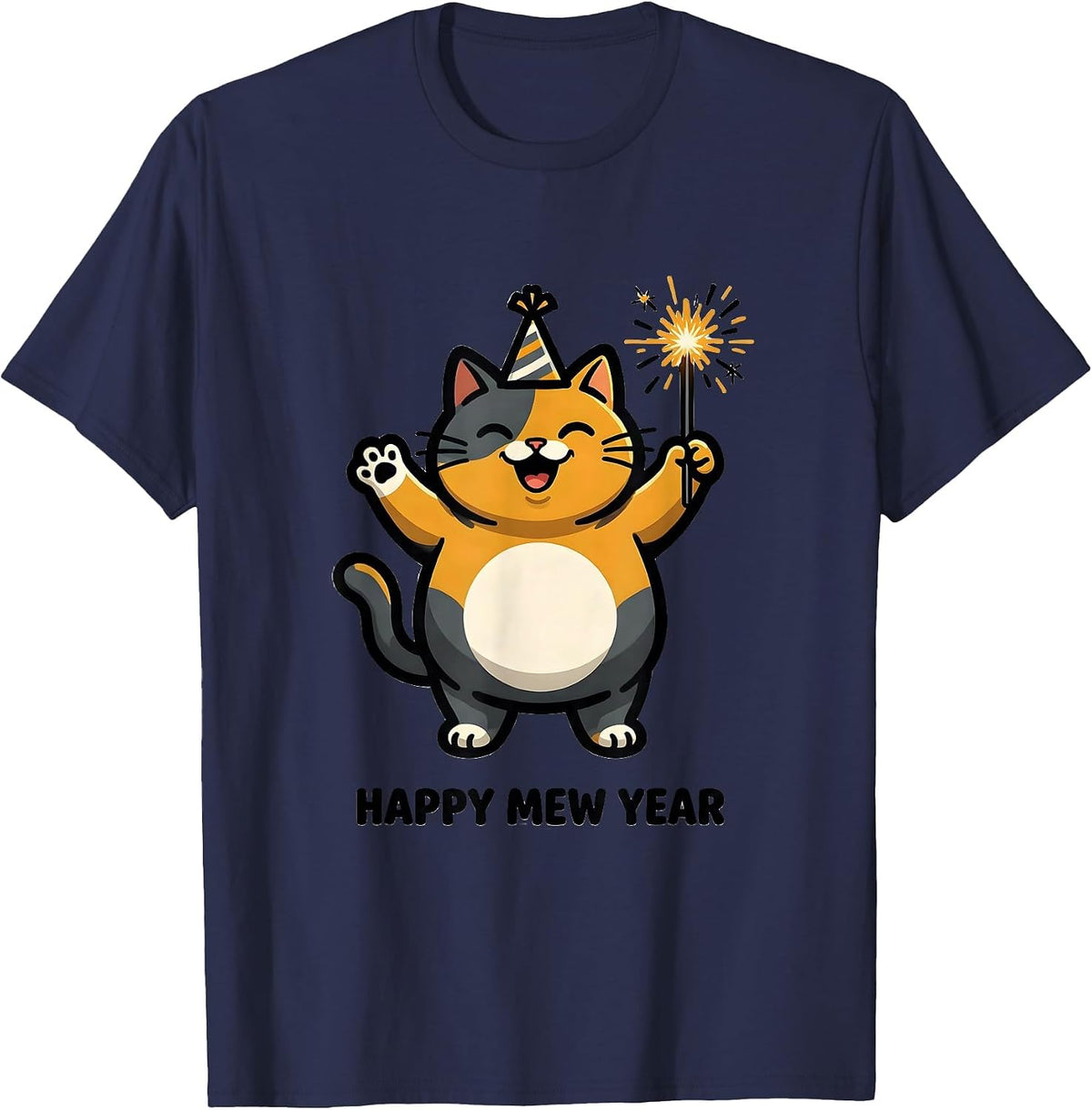 Happy Mew Year Funny Cat Lover Cartoon New Year Humor T-Shirt - Navy Blue